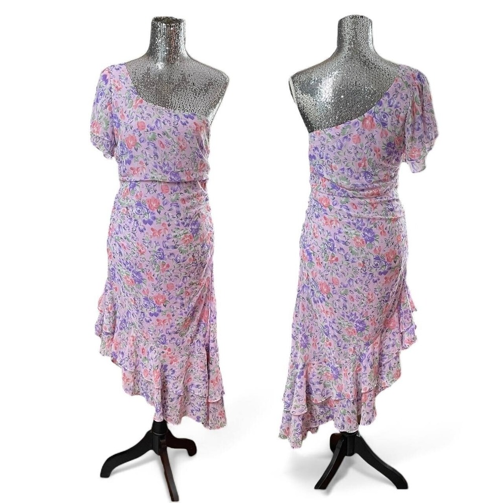 Fairy Floral Chiffon Midi Dress Ruffle Romantic One‎ Shoulder Lilac Party Medium